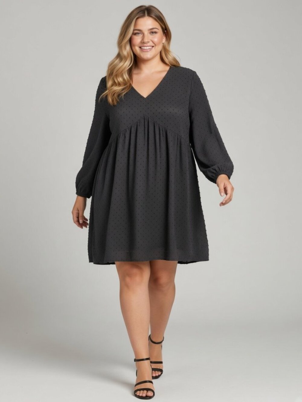 Old Navy Black Clip Dot Mini Swing Dress XL Plunge V Neck Babydoll Boho